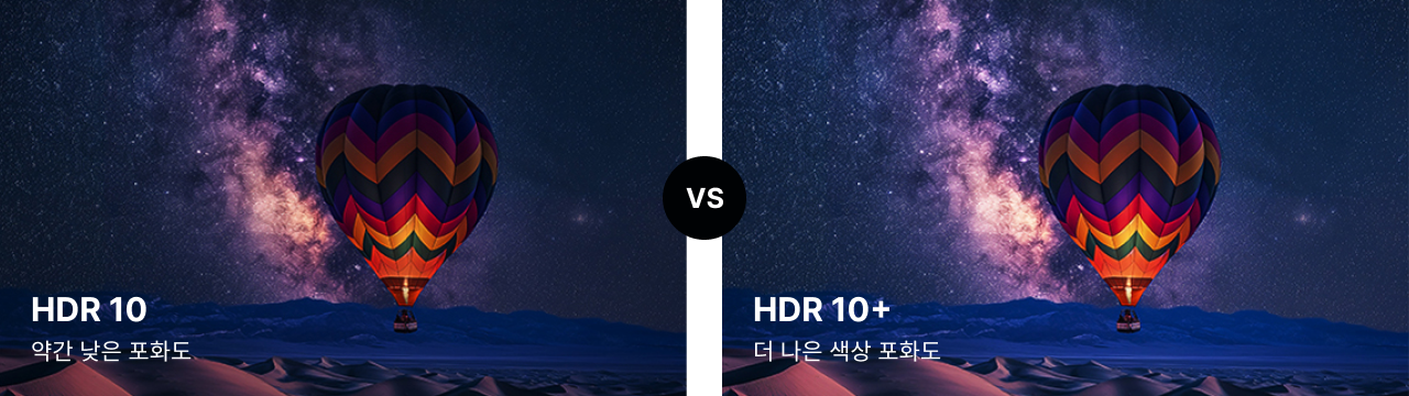 HDR 10 과 HDR 10+ 비교 (약간 낮은 포화도와 더 나은 색상 포화도)